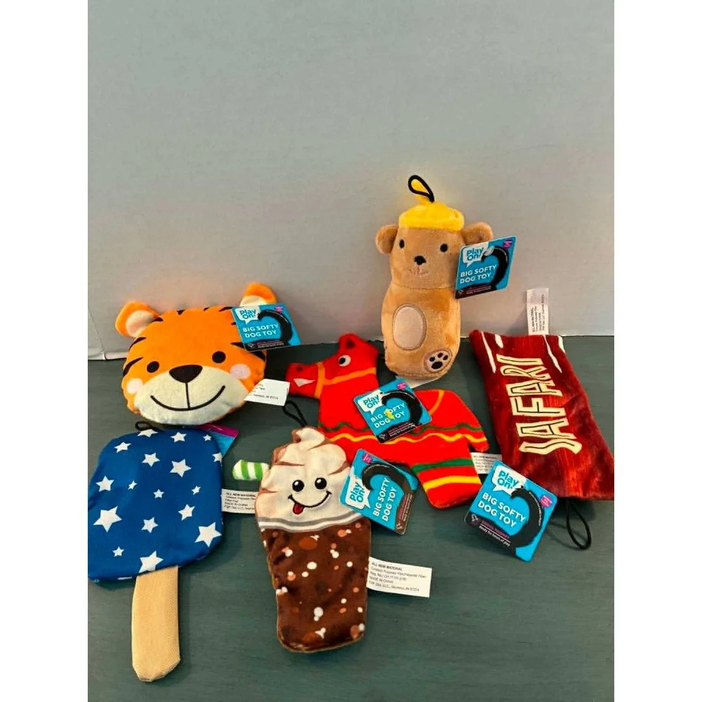 Play On Big Softy Dog Toy Bundle 6pc Multicolor New Plush Squeaky Variety Set
